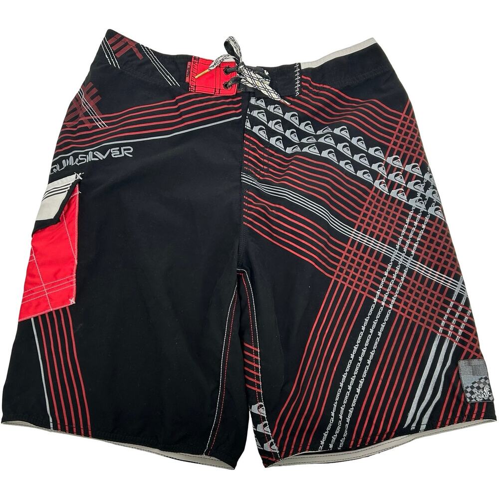 VTG y2k Men's Black Red Geometric Quiksilver Surfing Board Shorts Swim Trunks 34
